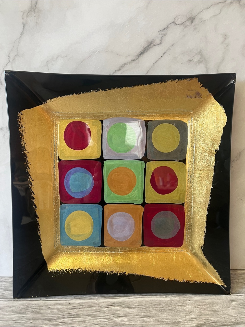 MoMo Panache Abstract Colorful Geometric Inlay Square Glass Plates - Picture 2 of 11